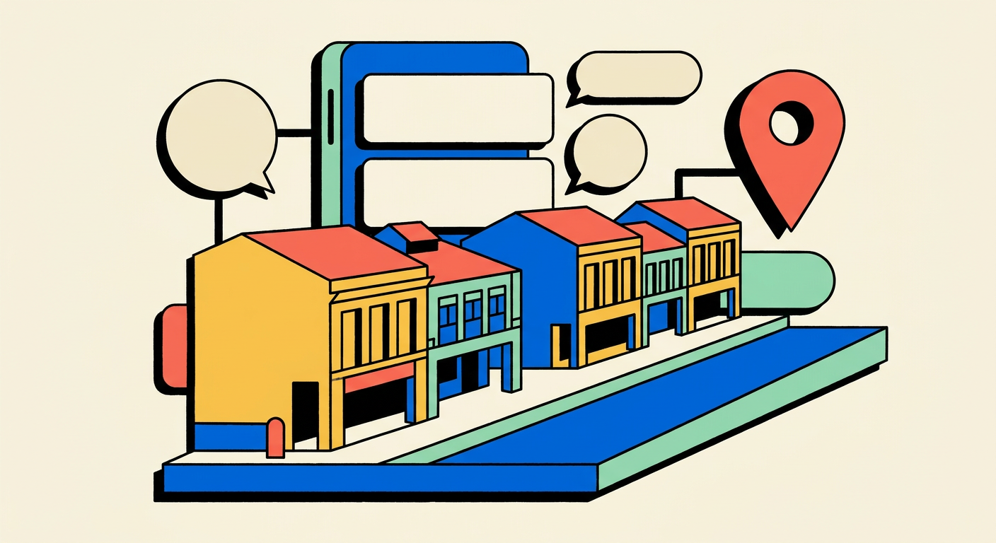Flat-vector Kuching riverfront with a phone, connected answer bubbles and a location pin