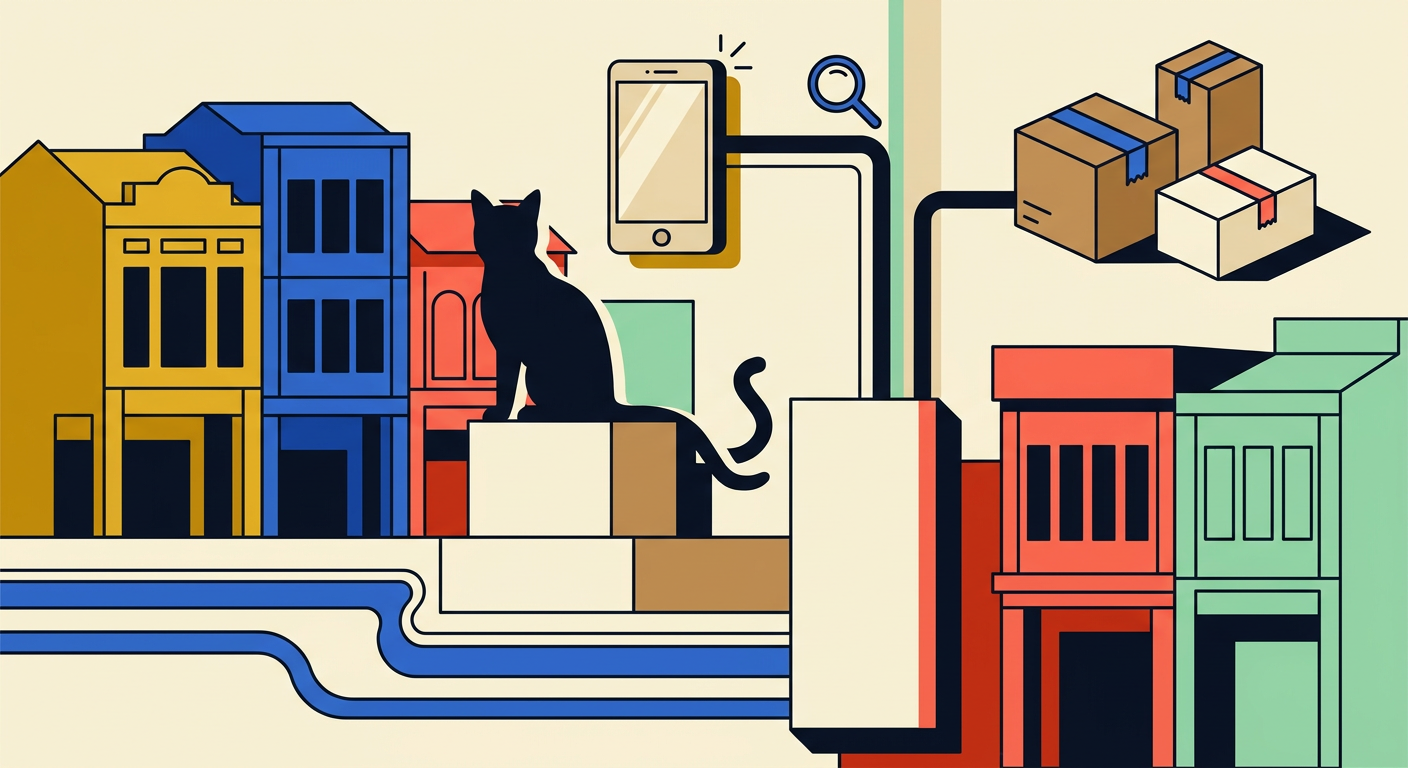 Flat-vector Kuching-inspired shophouses linked to a smartphone, search symbol and shopping parcels.