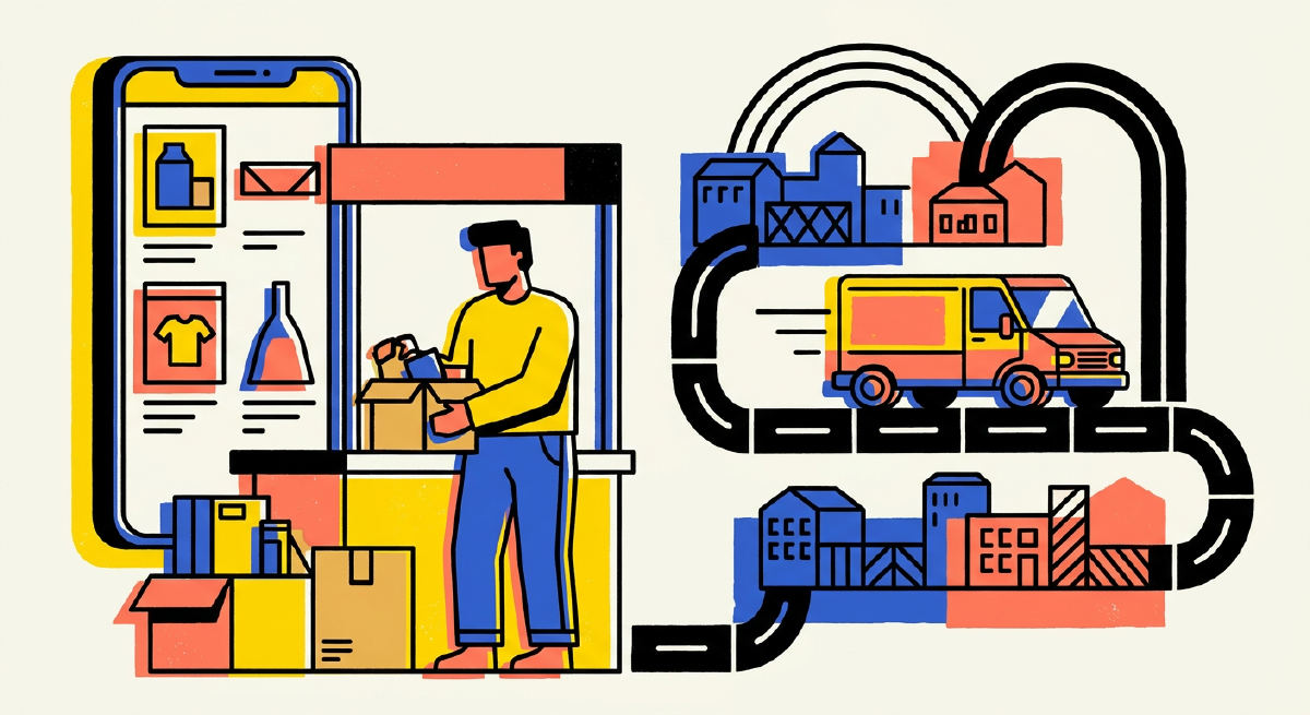 Illustration of a marketplace seller packing orders beside a mobile storefront and delivery routes across Sarawak.