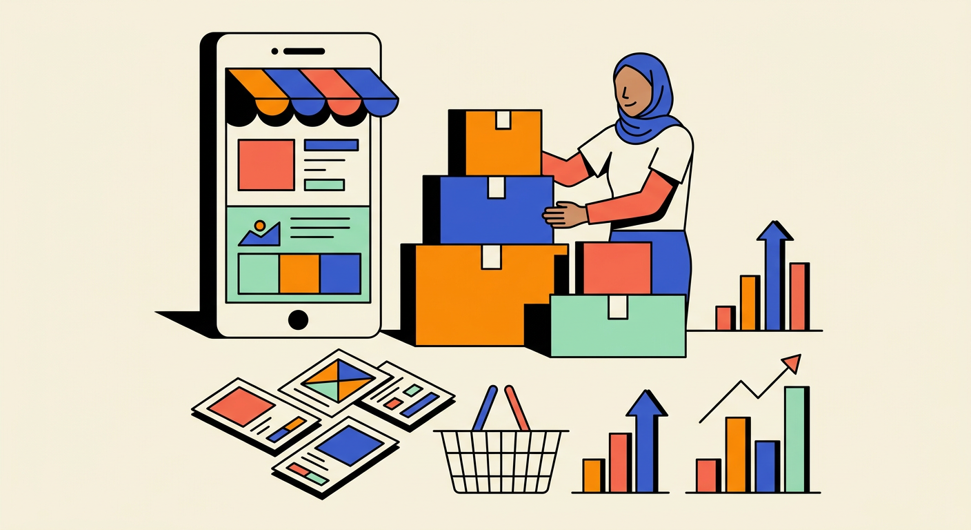 Illustration of an online seller with product boxes, a smartphone storefront and abstract performance charts