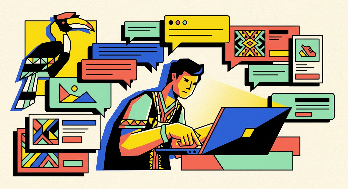Illustration of a business owner using a laptop, surrounded by message bubbles, product cards and a hornbill silhouette.