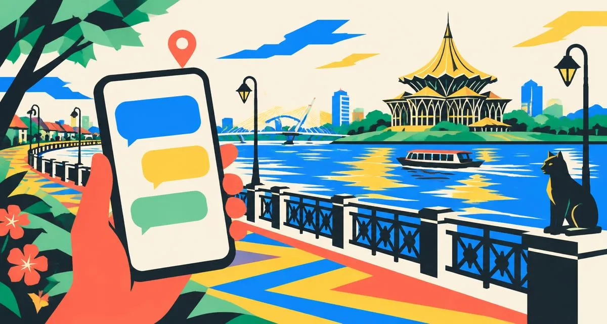 Flat-vector Kuching riverfront with a phone showing abstract chat bubbles and a location pin