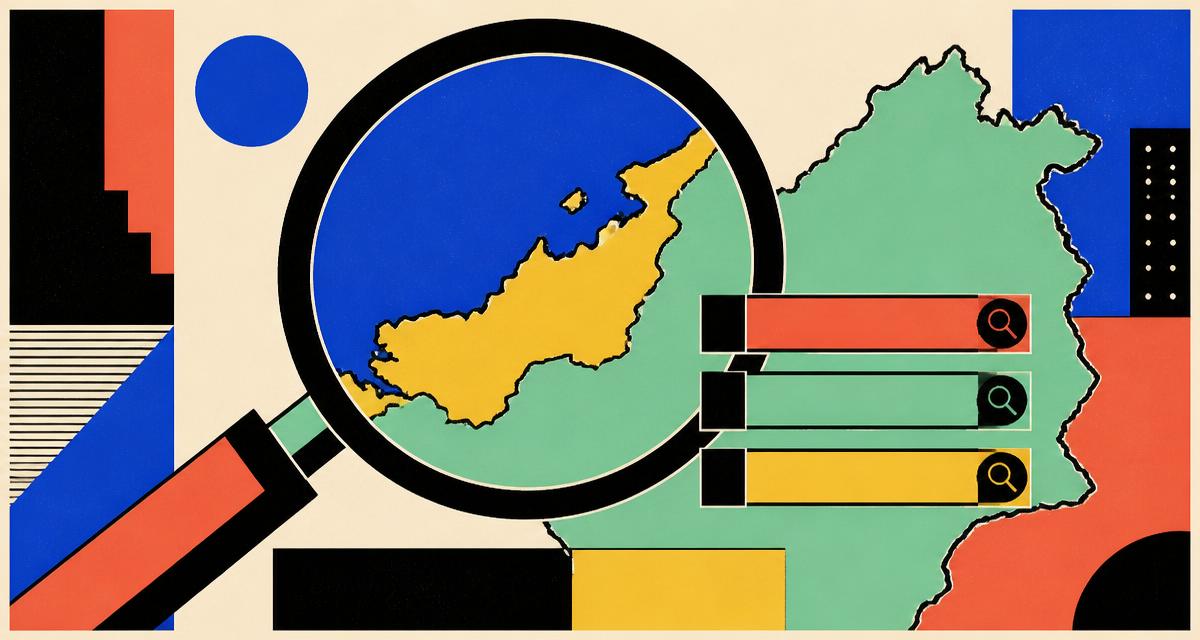 Illustration of a magnifying glass over a map of Sarawak beside search result bars